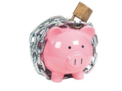 A shiny pink ceramic piggybank wrapped in a metal chain locked up with a padlock.