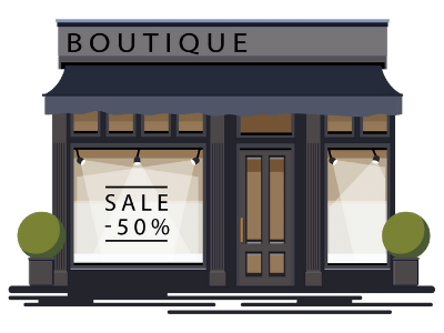 An illustrated store front labelled "boutique" at the top with a window ad for "Sale -50%."