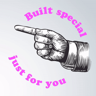 A moving finger pointing to the left, framed by pink text reading "Built special just for you."