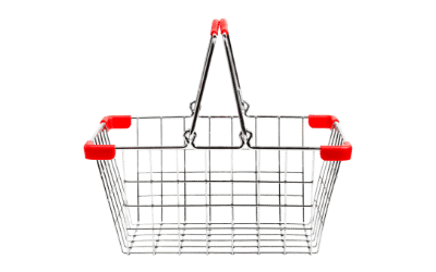 An empty metal cage shopping basket with plastic red corners and handles.