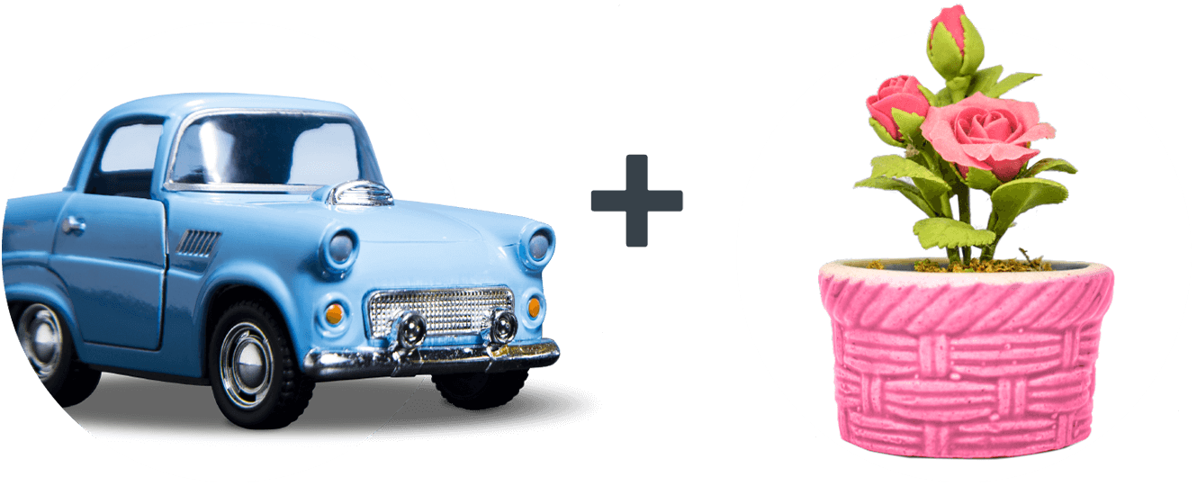 Another blue toy car inside a white circle beside another pink rose sitting in a pink porcelain flower pot, which is also inside a white circle, and a plus sign between them.