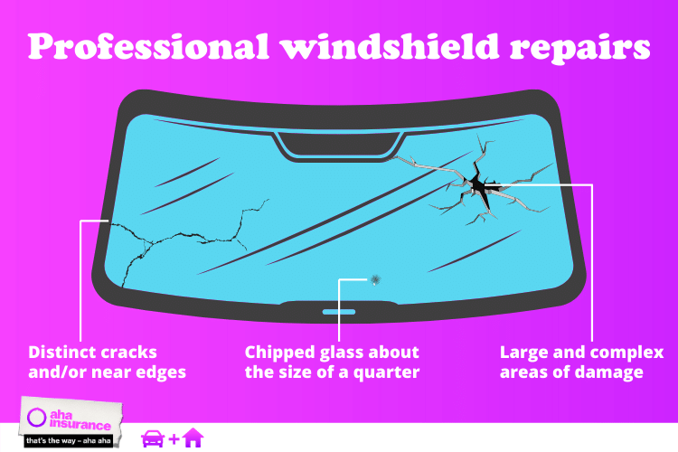 An illustrated windshield with 3 types of damage to the glass, each one described.