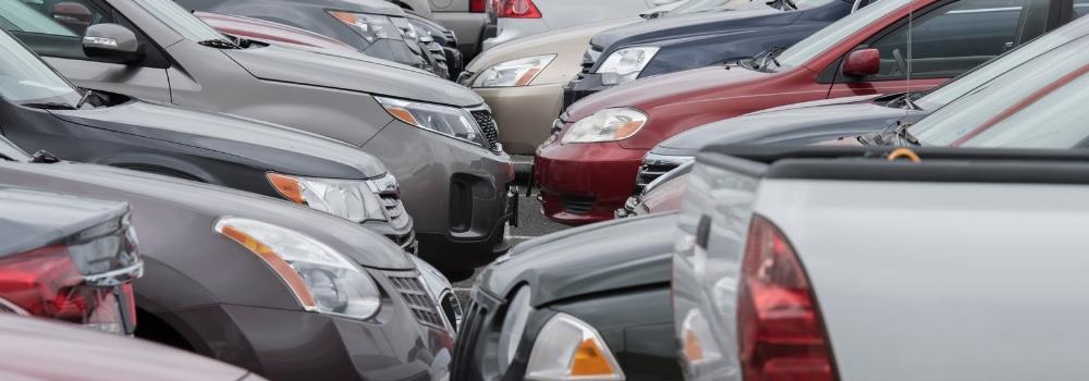 Used cars with the best gas mileage lined up in a dealership lot.