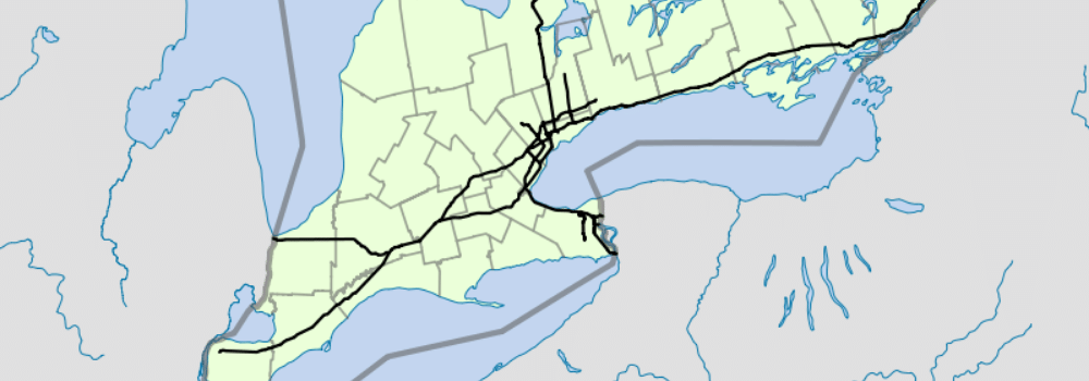 Map of the 400 series highways in south-western Ontario, extending from Windsor to Kingston.
