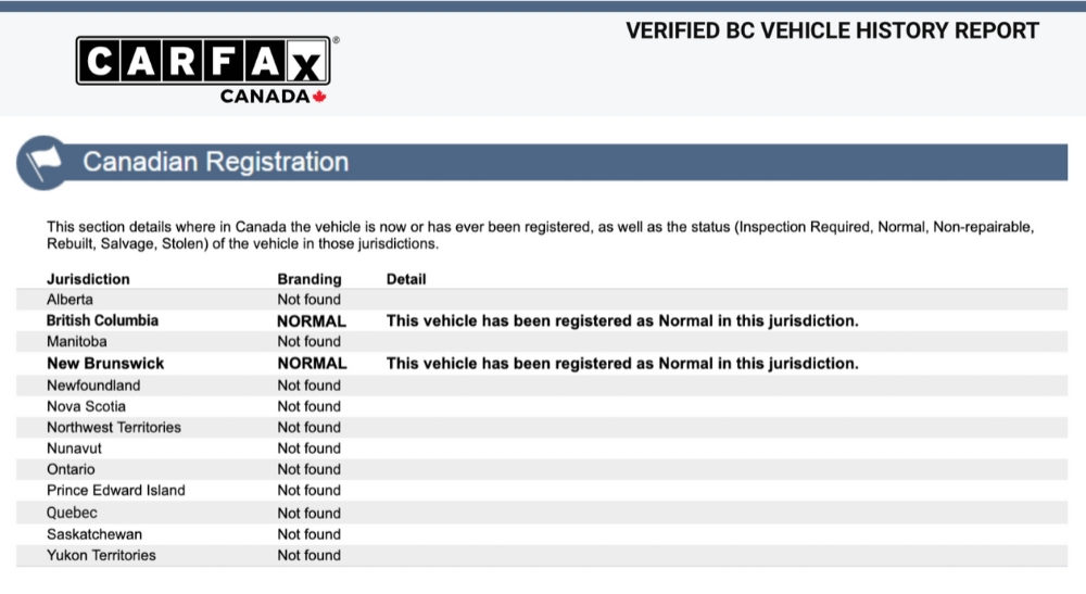 CARFAX vehicle history report - canadian registration