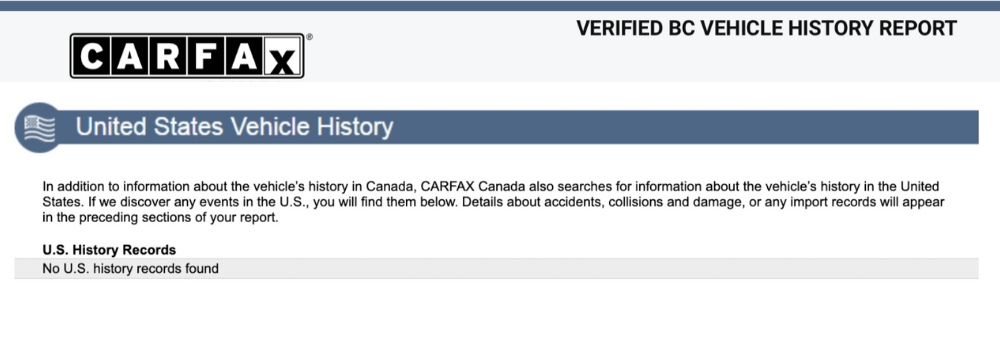 The United States Vehicle History section of a CARFAX vehicle history report.