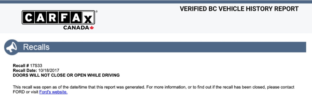 The Recall Notices section of a CARFAX vehicle history report.