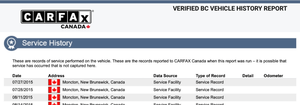 The Service History section of a CARFAX vehicle history report.
