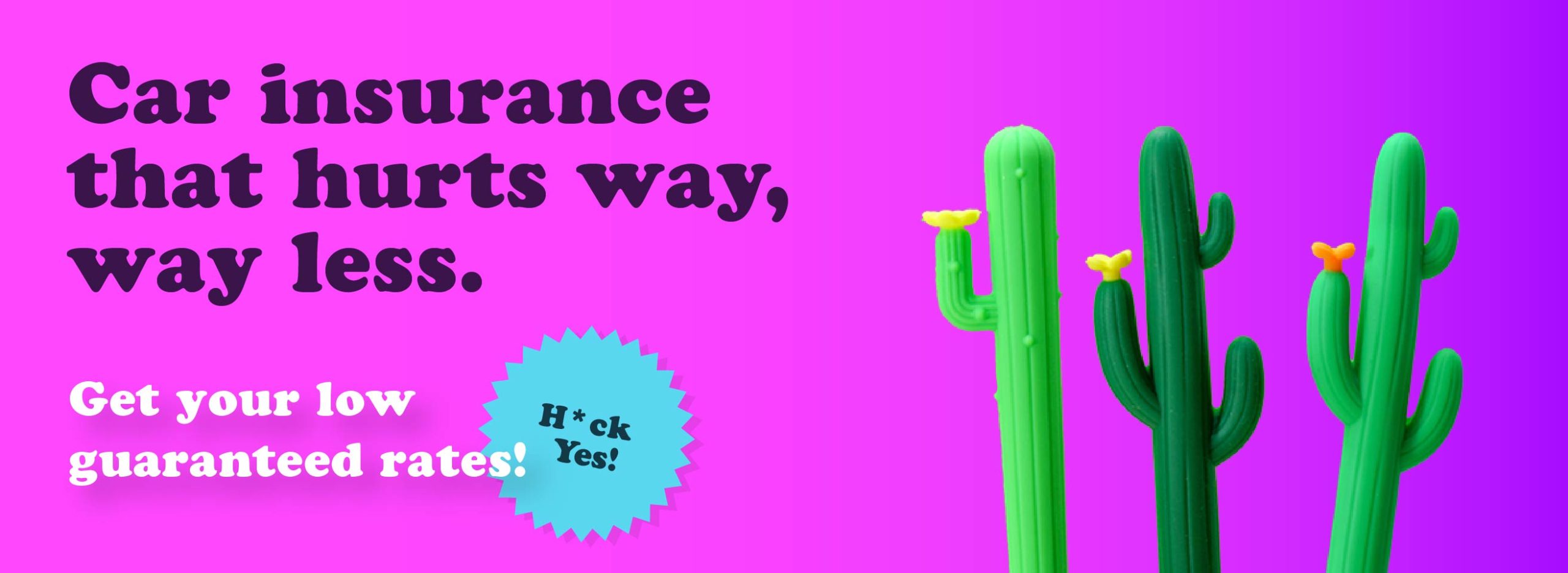 "Car insurance that hurts way, way less" beside toy cacti.