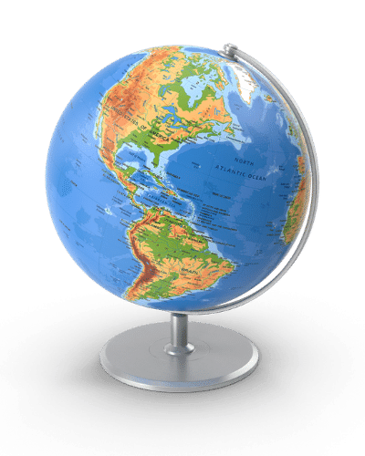 A student's desk globe showing travel destinations.