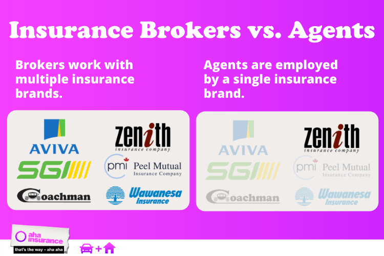infographic showing that an insurance broker works with multiple insurance brands, while an insurance agent only works with one.