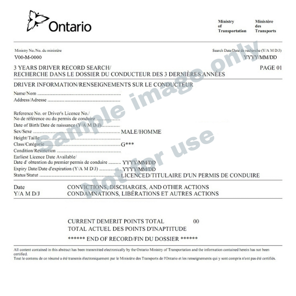 A mockup of an Ontario driver's abstract, one of the ways insurance companies check driving records.