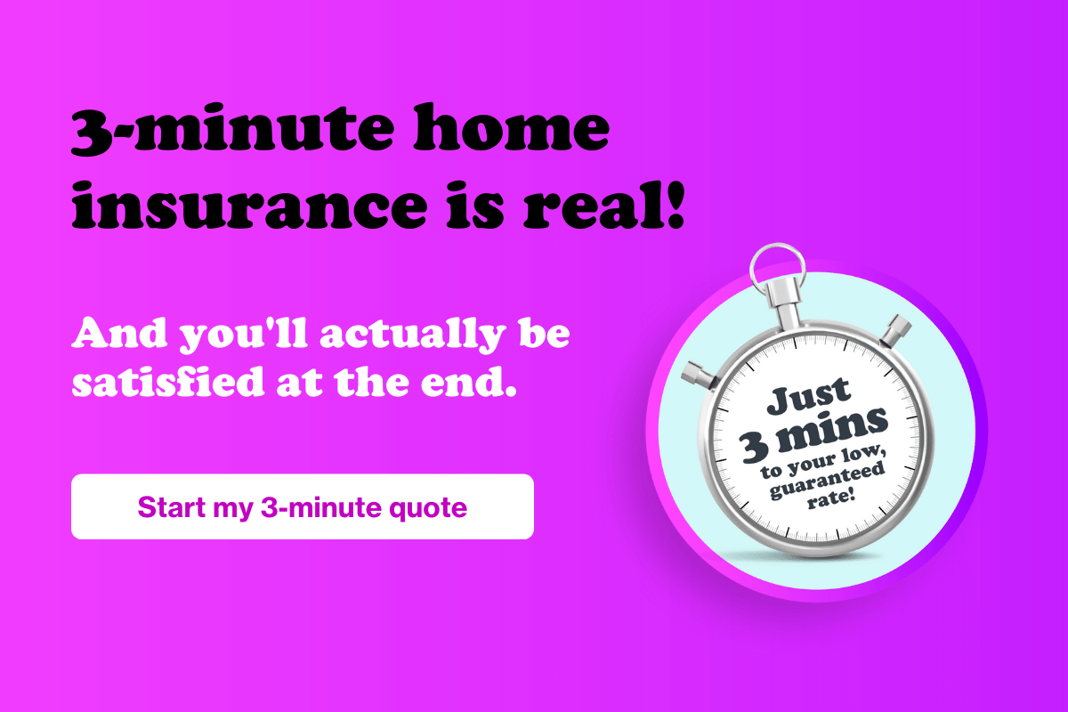 ''3 minute home insurance is real! start my 3 minute quote" beside a stop watch.